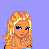 Pixel art image with three distinct sections: a blonde woman, a hand holding a landscape scene, and a black cat's tail on purple background.