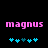 Pixelated pink text 'magnus' on black background with two of cyan and teal puzzle-piece icons below