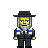 Pixel art of a figure with gray hair and beard, wearing black hat, dark suit, white shirt, blue tie, and gold cuffs against plain background.
