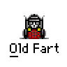 Animated contact sheet of a pixel art icon showing an old man character with a red checkered shirt and black helmet, accompanied by a small brown dog-like figure in various motion states across 19 frames.