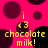 Pixelated pink background with dark purple and black circles, yellow text reading 'i <3 chocolate milk!' in four corners.