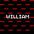 A static digital image with repeating red and black patterns and multiple instances of the text 'WILLIAM' in white pixelated font.