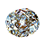 Pixelated circular icon with multicolored mosaic pattern of blues, browns, whites, and grays on white background.