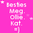 Pink background with white text listing names and a smiley face, surrounded by small white stars.