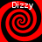 Four identical red and black spiral patterns arranged in a , each with white text reading "Dizzy" above the spiral