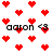 Red pixel hearts float over a white background with repeated "aaron <3" text in black block letters.