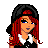 Pixel art avatar of a red-haired figure with blue eyes wearing a black beret, black crop top, white striped sleeves, and ripped jeans holding an orange gradient object.