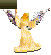 Pixelated angel figure in flowing yellow dress with outstretched wings, holding dark rectangular object above head across four