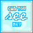 Pixelated blue text "CAN YOU SEE HER?" on light blue background with subtle cloud shapes, animated through changes
