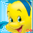 A 48x48 pixel animated buddy icon featuring a yellow cartoon fish character with blue hair, green eyes, and a red mouth, displayed in two sequential frames showing subtle facial expression changes against a blue geometric background.