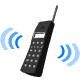Animated sequence of a black mobile phone with blue radio waves, showing wave count and size changes across frames.
