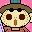 Pixel art contact sheet showing two side-by-side animated frames of a cartoon character with brown hair, large dark eyes, and an open mouth on a pink background.