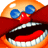 Pixelated cartoon face with orange circular head, blue eyes, red nose, and wide open mouth showing teeth.