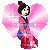 Animated contact sheet of a cartoon woman in traditional East Asian dress with pink heart-shaped wings, shown across three frames on gray background.
