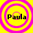 Four identical circular icons with pink concentric rings on a yellow background, each containing the text "Paula" in black pixelated font.