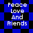 Blue and black pixelated background with white text reading Peace Love And Friends in four identical quadrants.