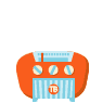 Six orange retro radios with blue striped and 'TS' logos, each emitting light blue speech bubbles containing musical notes or 'News!' text