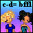 Pixelated static image featuring two cartoon women with distinct hairstyles and outfits against a gradient background, with mathematical text at the top.