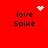 Red background with four 'love Spike' text blocks and three pixelated white symbols: a heart, starburst, and circular pattern.