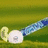 Pixelated animation of a hockey stick and puck on green grass background with changing text overlays.
