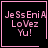 Four identical black square with pink borders display pixelated text reading "Je Ss Eri A LoVez Yu!"; the top-right contains a small heart symbol and the bottom-right has a starburst symbol