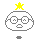 Pixelated character with round white head, gray glasses, yellow star on top; four variations show mouth shapes and exclamation marks.