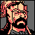 Pixelated static icon of a character with long flowing hair and glasses, rendered in red/orange tones against a gray background.