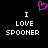 Black background with white pixelated text reading "I LOVE SPOONER" in two identical vertical , a pink pixelated heart symbol above the text