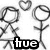 Black-and-white stick figure animation showing two figures with hearts above their heads, transitioning from 'hue' text to 'love' text.
