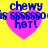 A yellow background with four pink heart shapes, each containing blue text reading 'chewy is 696969 hot!' in a pixelated font.