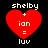 Four identical pixelated red heart icons with white text 'shelby + ian = luv' on black background, each heart has a small white plus sign above 'ian'.
