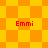 A static image with four identical red "Emmi" text labels on a yellow-orange checkered background, featuring two distinct patterns in the upper and lower sections