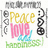 Pixelated icon with layered text 'Peace Love Happiness' in yellow, pink, and green over a white background with gray border elements.