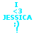 Pixelated icon with cyan text and symbols on white background, featuring 'I <3 JESSICA ;)' with green rectangular overlays shifting position across frames.
