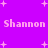 Purple background with white pixelated text 'Shannon Shannon' repeated twice, surrounded by scattered white plus signs.