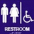 Pixelated restroom sign with male, female, and wheelchair symbols on purple background, next to green text about public restrooms.
