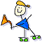 A 2-frame animated contact sheet showing a stick figure skater with yellow cap, blue outfit, and green roller skates holding an orange flag in two different poses against gray background.