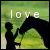 Static pixelated icon showing two silhouetted figures embracing under the word 'love' against a green gradient background with visible dithering and low-resolution rendering artifacts.