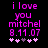 Pixelated text reads "i love you mitchel 8.11.07" with five heart symbols below, all in pink on black background, showing animation change in heart symbols.
