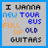 Six identical static display text about a tour bus full of guitars with color variations in the words "new," "bus," and "guitars." The background is light gray, bordered by blue
