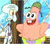 Pixelated cartoon character with pink body, green hair, and yellow shirt standing next to a brown pole with white cloud-like shapes in the background.
