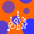Orange background with purple and blue circles; white text "I Love You" in pixelated font, each letter has a small musical note symbol attached.