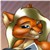 Pixelated cartoon character with orange fur, blue eyes, and a green hat, holding a white object against a muted background.