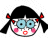 Pixelated cartoon girl with black pigtails tied by red bows, light blue eyes, pink cheeks, and a small open mouth; text labels appear below in