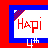 Pixelated icon with red, blue, and white colors featuring stylized text 'Hapi' on a white background within a blue border.