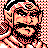Pixelated static icon of a stylized face with black, red, and beige tones on a checkered background.