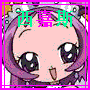 Anime-style character with purple hair and large eyes, pink skin, mouth open in a smile, two Chinese characters above head, framed by colored border.