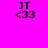 six identical on a bright pink background, each containing black text 'JT' above '<33', with orange rectangular overlays shifting position across the