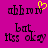 Pixelated text on magenta background with yellow heart symbol above 'abhm' in top-left, 'bat.' and 'itss okay' below, and identical static version to the right.