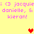 Yellow background with pink text reading "i <3 jacquie! <3 jacquie danielle, & danielle, & kieran!" and two pixelated hearts.